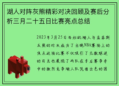 湖人对阵灰熊精彩对决回顾及赛后分析三月二十五日比赛亮点总结
